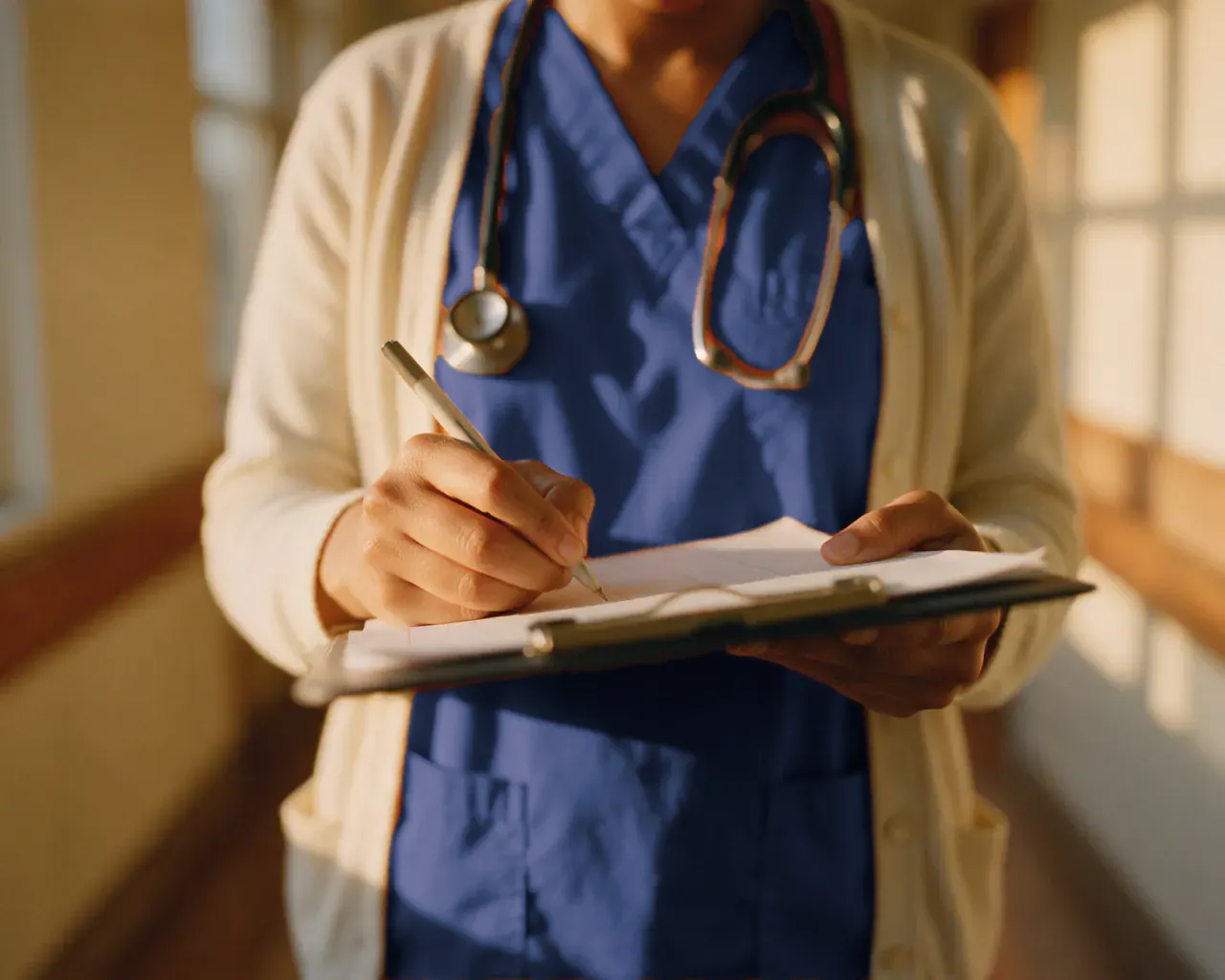 A nurse writing notes on a clipboard