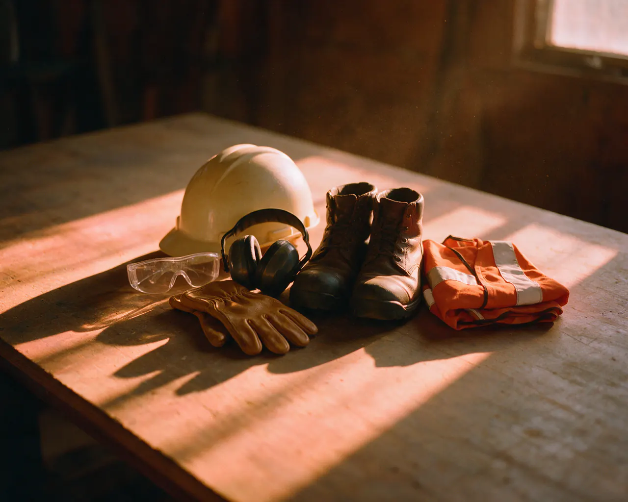 A hard hat, safety glasses, ear defenders, gloves, boots and a high-visibility vest on a workbench