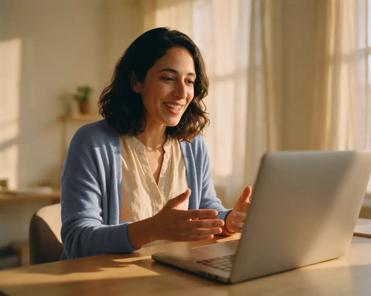 A woman smiling and talking on a video call at her laptop