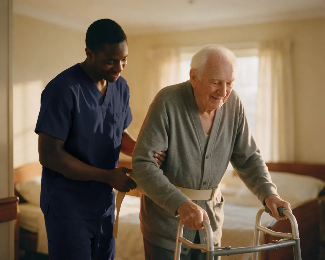 A caregiver steadying an older man with a gait belt as he walks with a walker