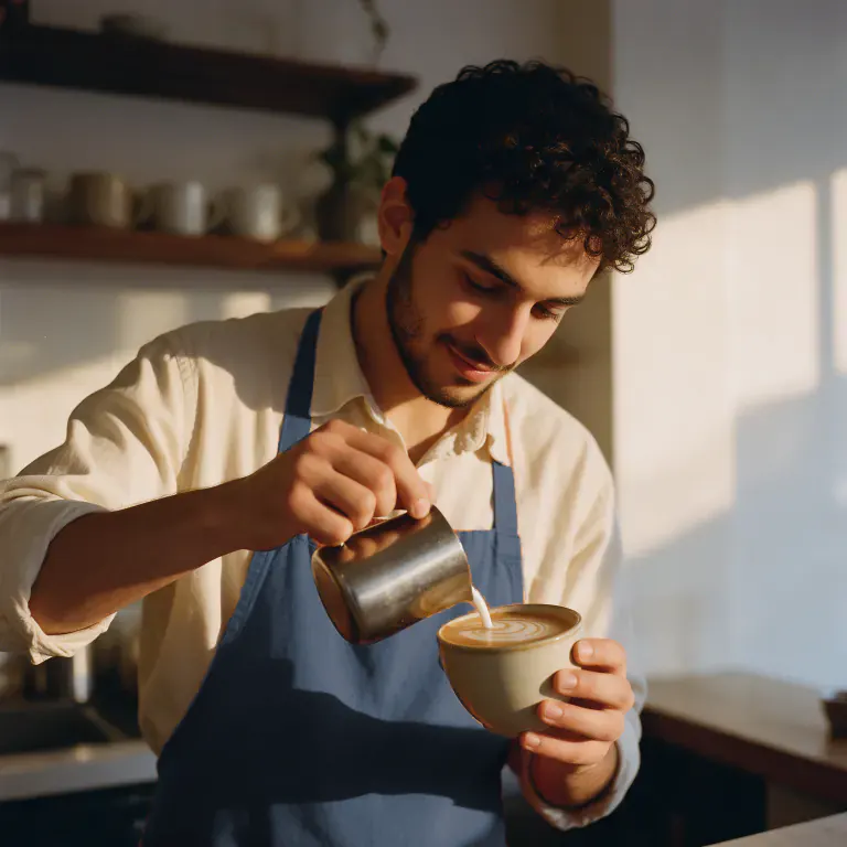 A barista pouring latte art into a ceramic cup