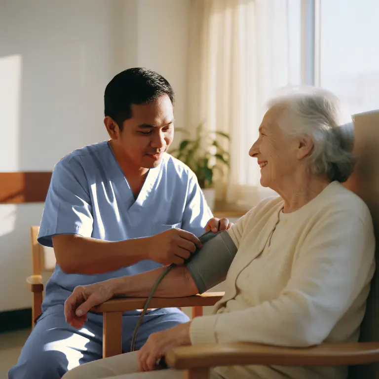 A nurse in blue scrubs taking an older woman's blood pressure