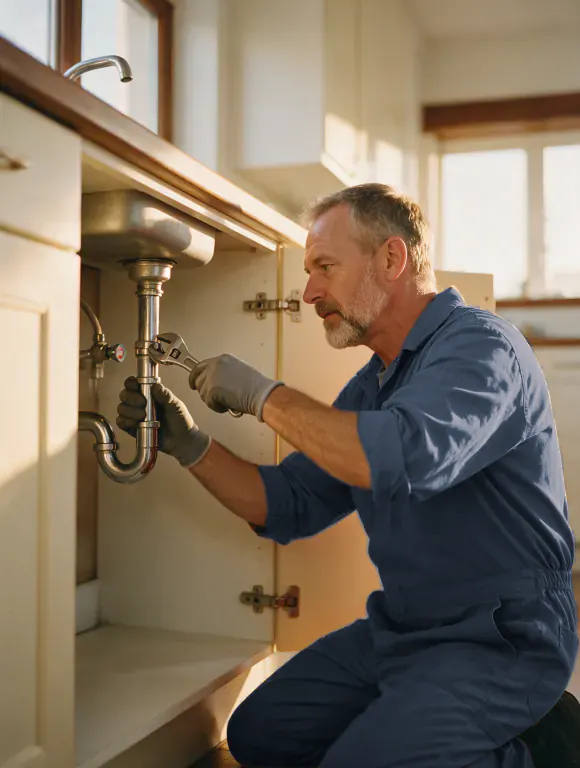 A plumber in blue coveralls tightening a pipe under a kitchen sink