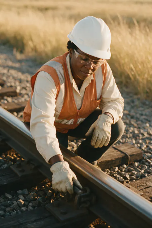 A railroad inspector in a hard hat and hi-vis vest checking a rail clip